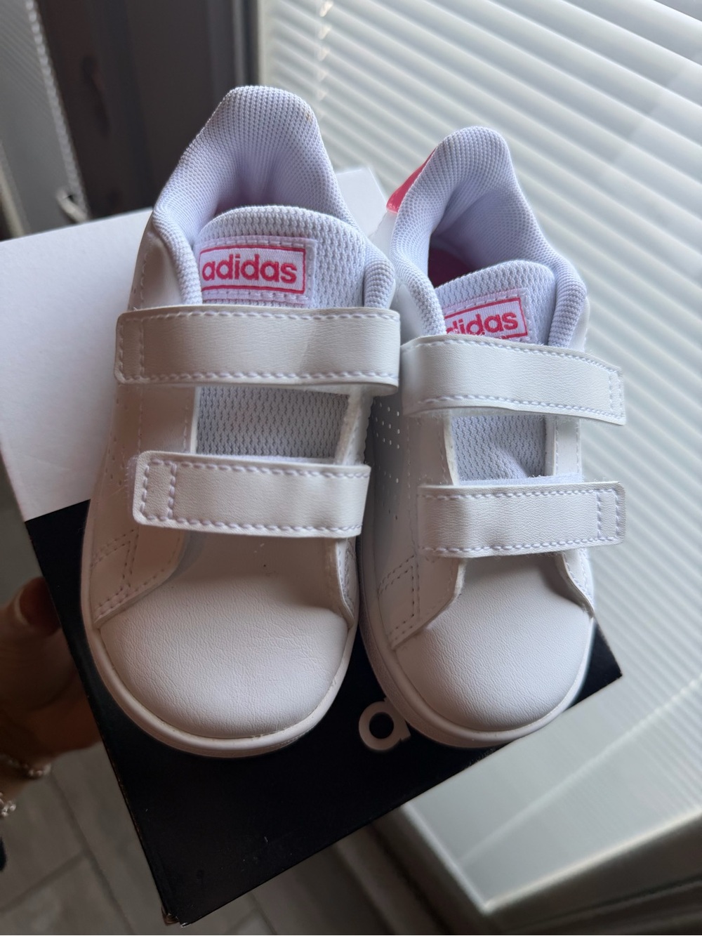 adidas Kids White Sneakers with Pink Logo Velcro Straps